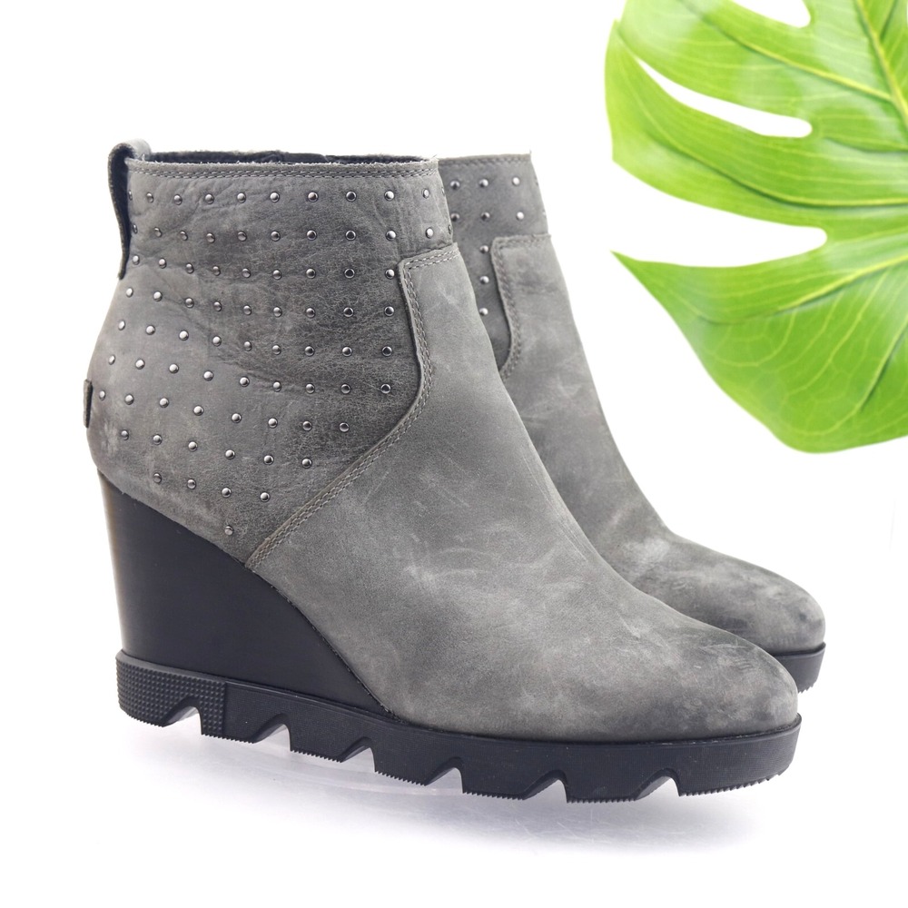 Sorel Womens Joan Uptown Boots Size 9 Gray Leather Wedge Studded Ankle Booties